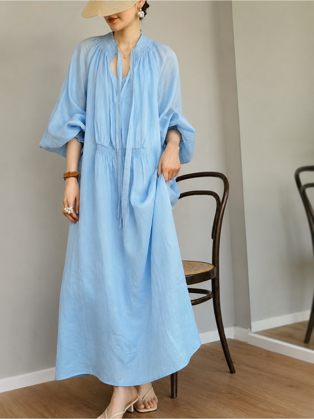 Lee Mathews Sky Blue Maxi Dress with Tie Neck
